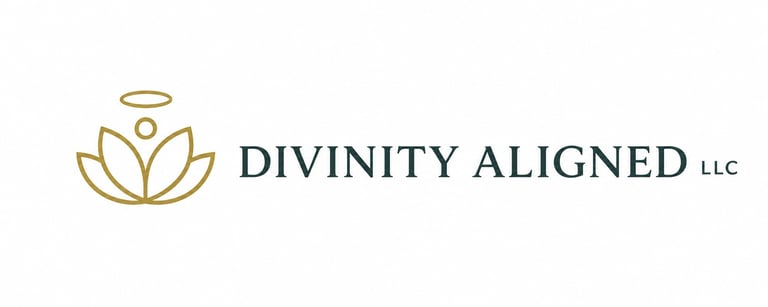 Divinity Aligned LLC logo with gold lotus flower icon and halo above it